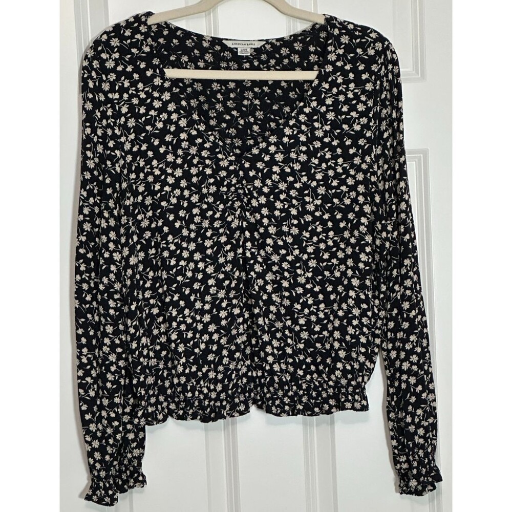 American Eagle Peasant Top Size L Black Ditsy Floral Cottagecore Boho Festival